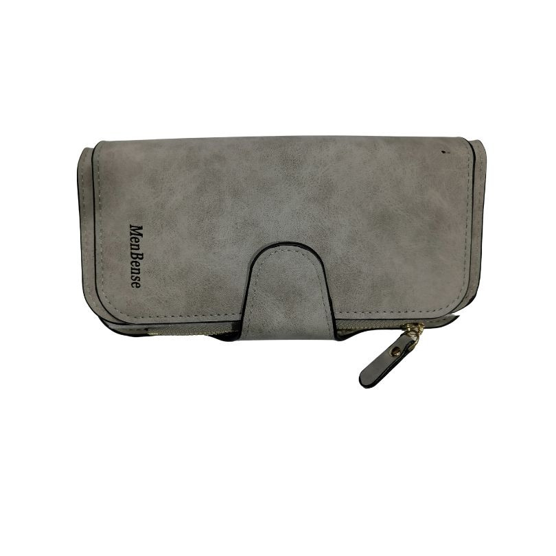 Menbense PU Leather Double Zipper Grey Long Wallet For Women
