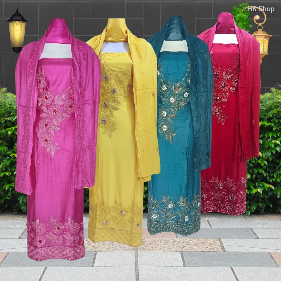 Cotton (শুতি কাপড়) 3-Piece Dress with Beaded Pearl Stone Embroidery (মুক্তা পাথর পুতি)