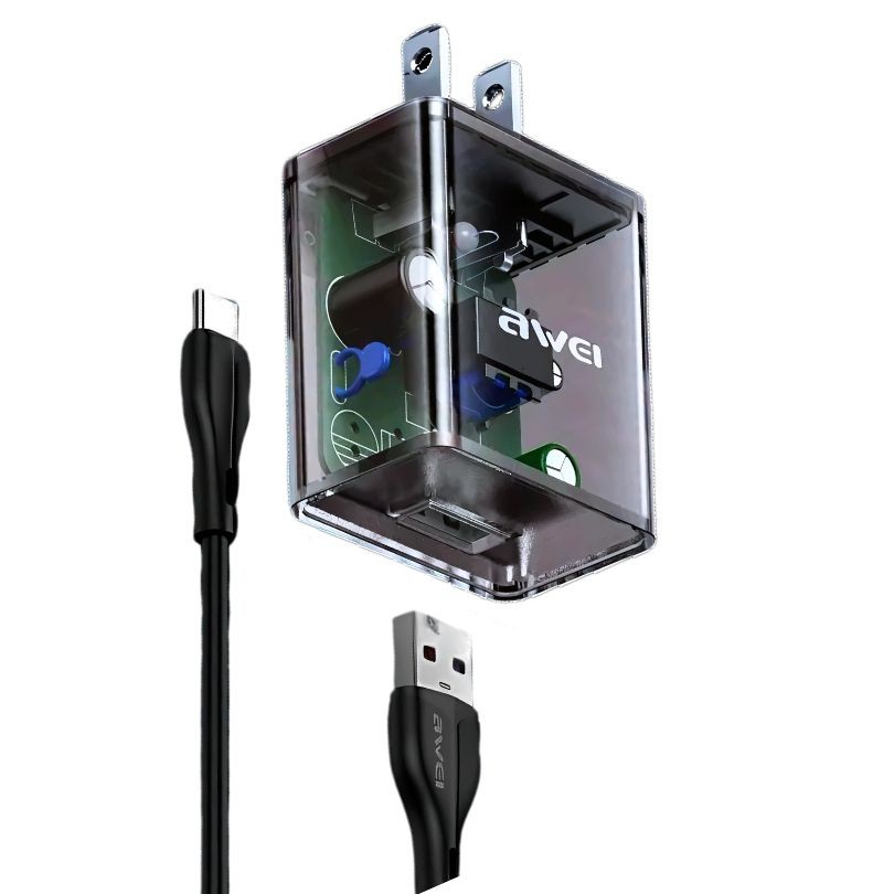 Awei C11T Fast Charging Type-C Transparent Adapter With 1M Type C Data Transfer Cable