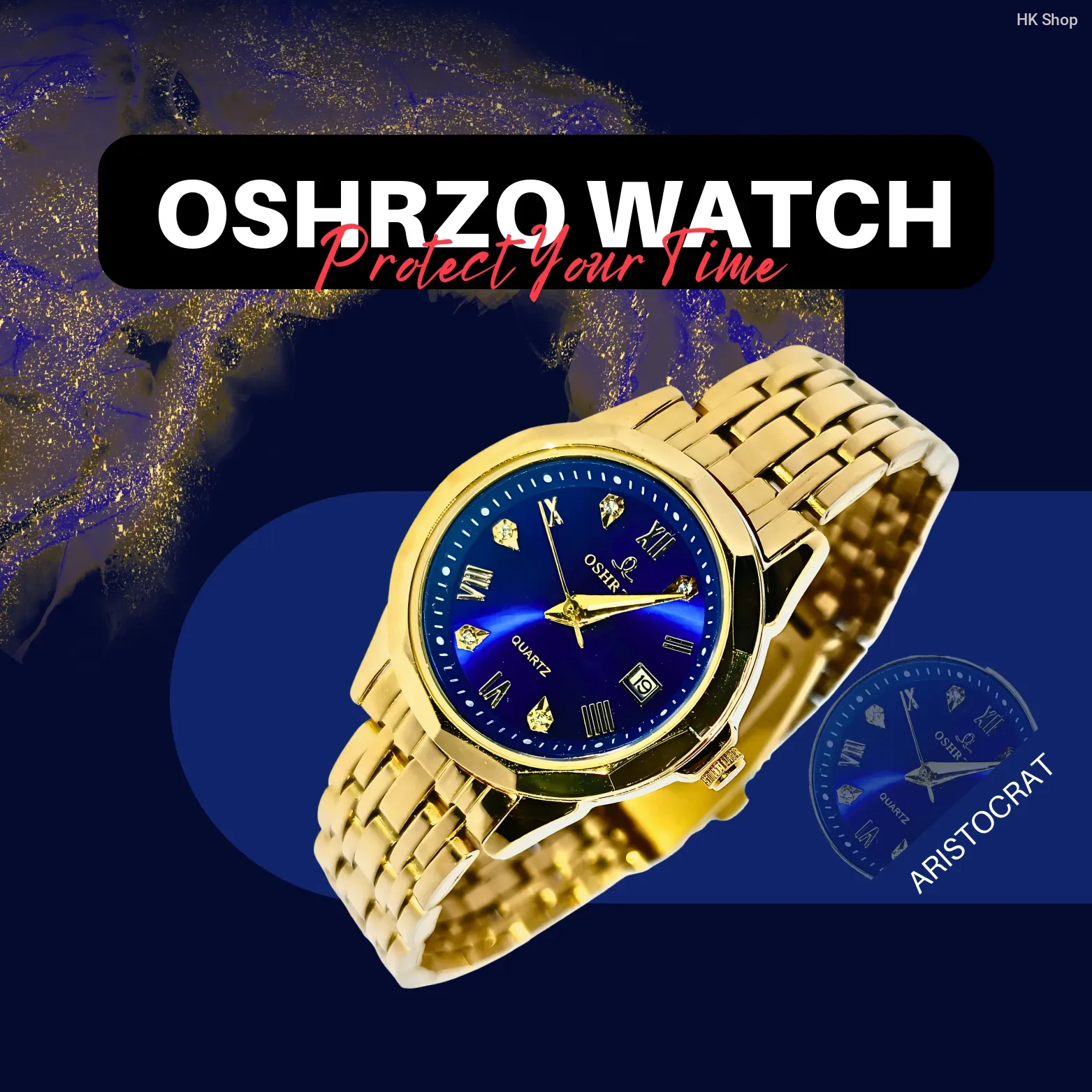 Oshrzo Elegant Gold-Plated Quartz Watch with Blue Dial