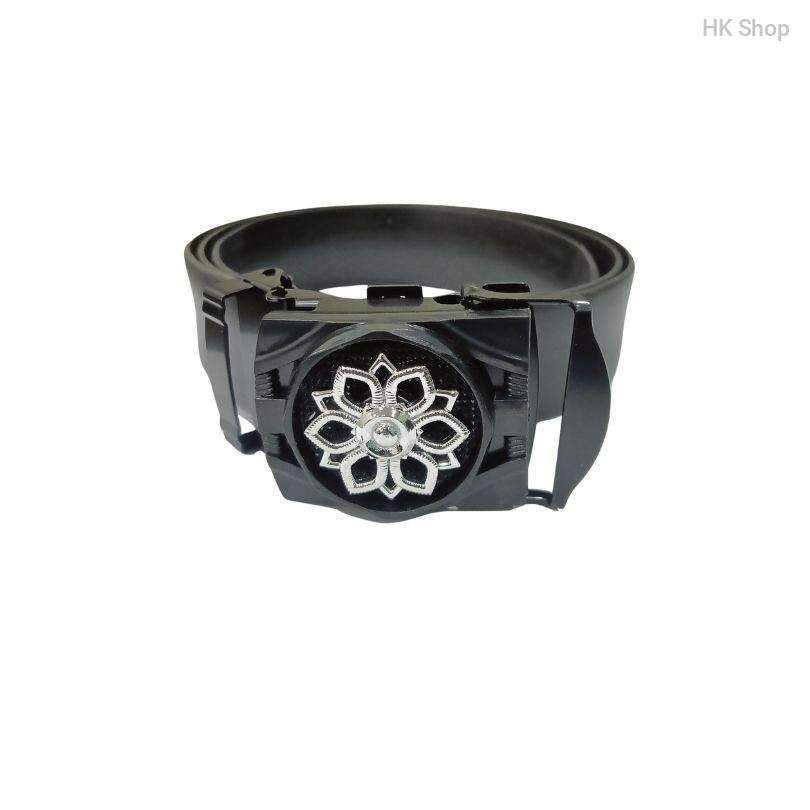 Silver Flowered Buckle Head Leather Belt For Men