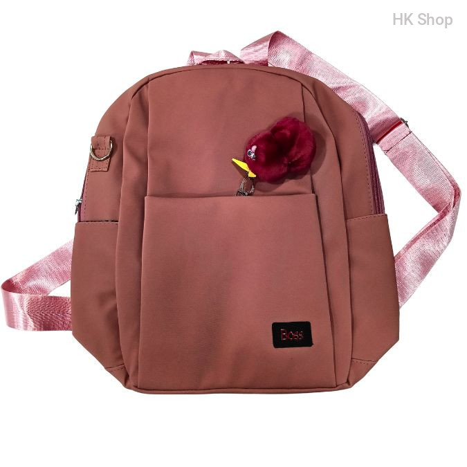 Stylish Artificial Leather Backpack with Plush Keychain – Available in Pink and Black