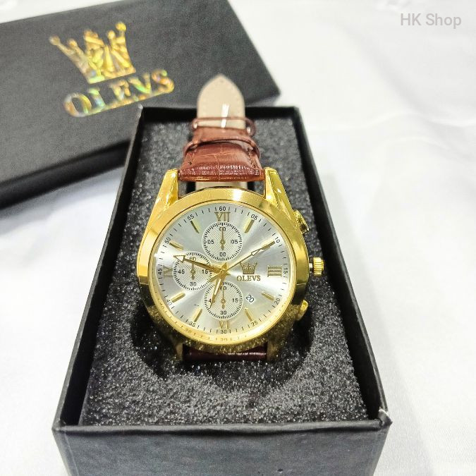 OLEVS Men's Leather Waterproof Quartz Fashion Watch - Luxury Casual Design. 2