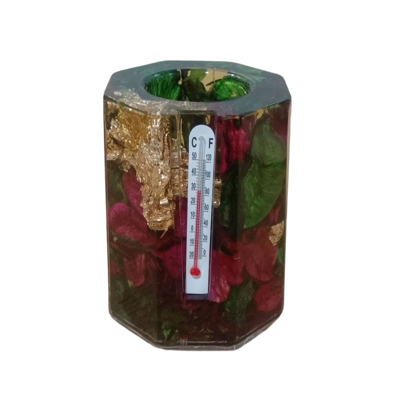 Multipurpose Crystal Hexagon Pen Holder with Room Temperature Meter