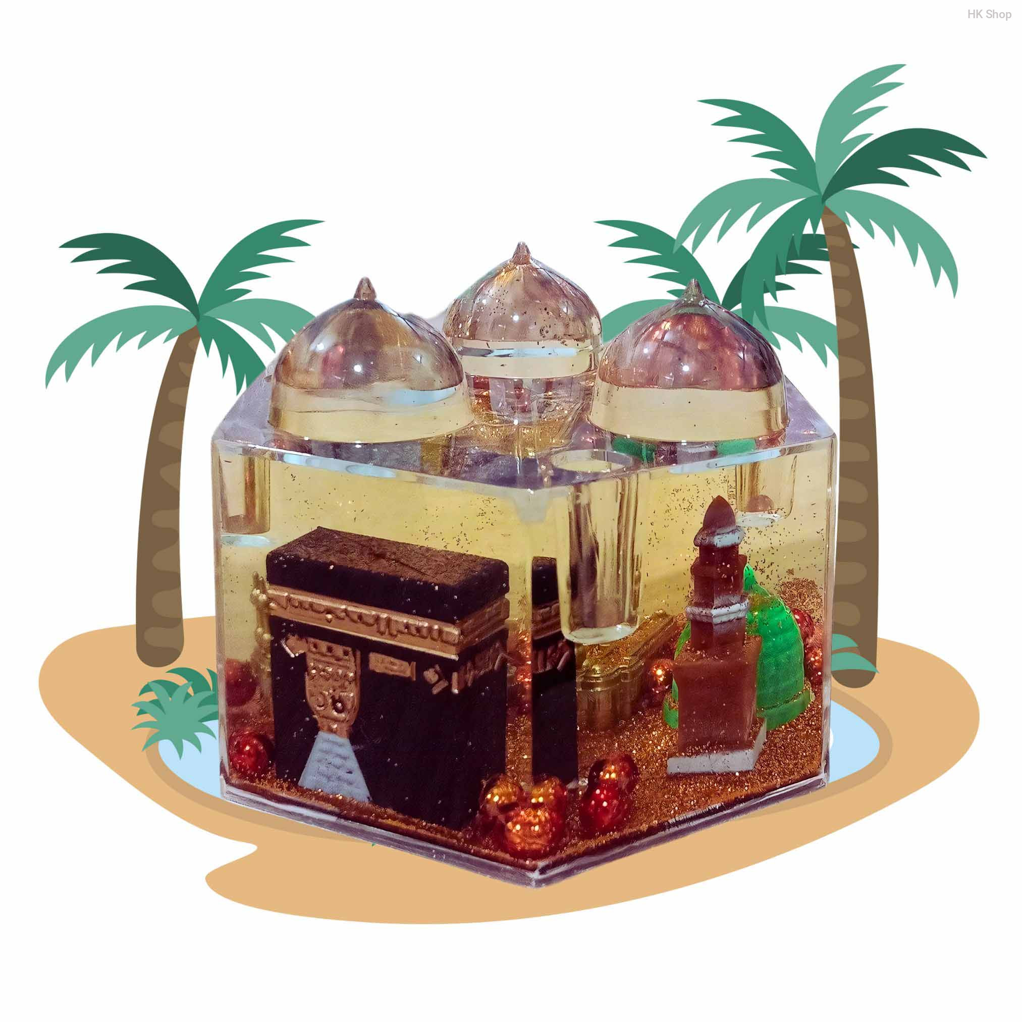 Islamic Dome Decorative Resin Paperweight and Pen Holder with Kaaba and Mosque Miniatures