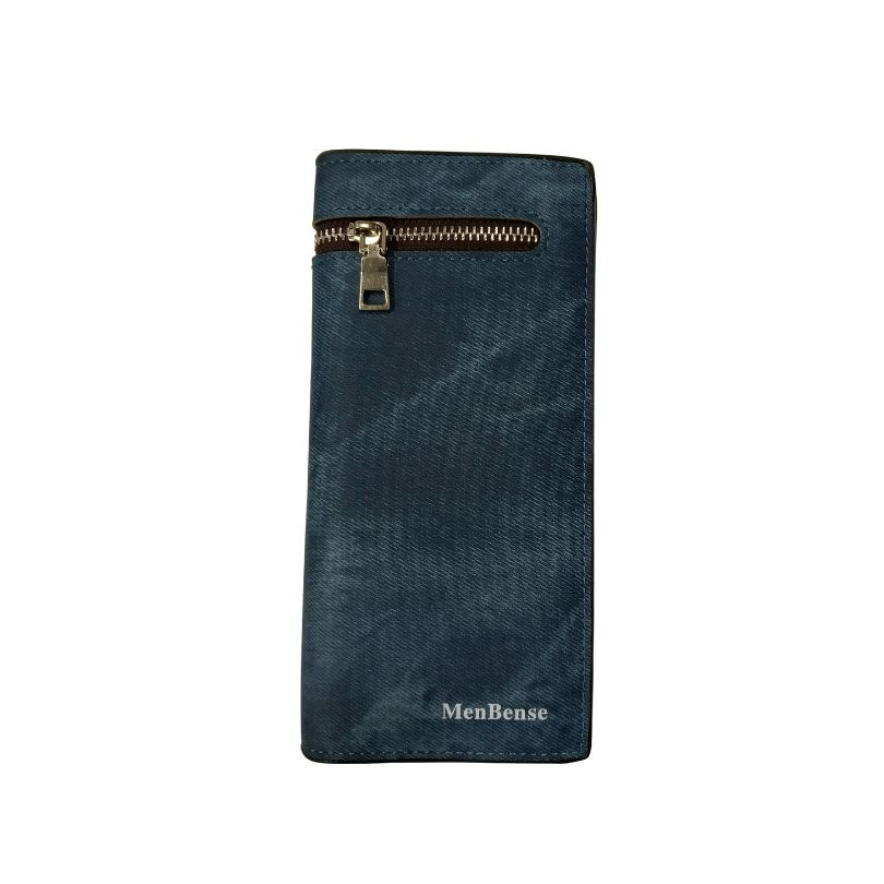 Menbense PU Leather Double Zipper Dark Blue Long Wallet For Men