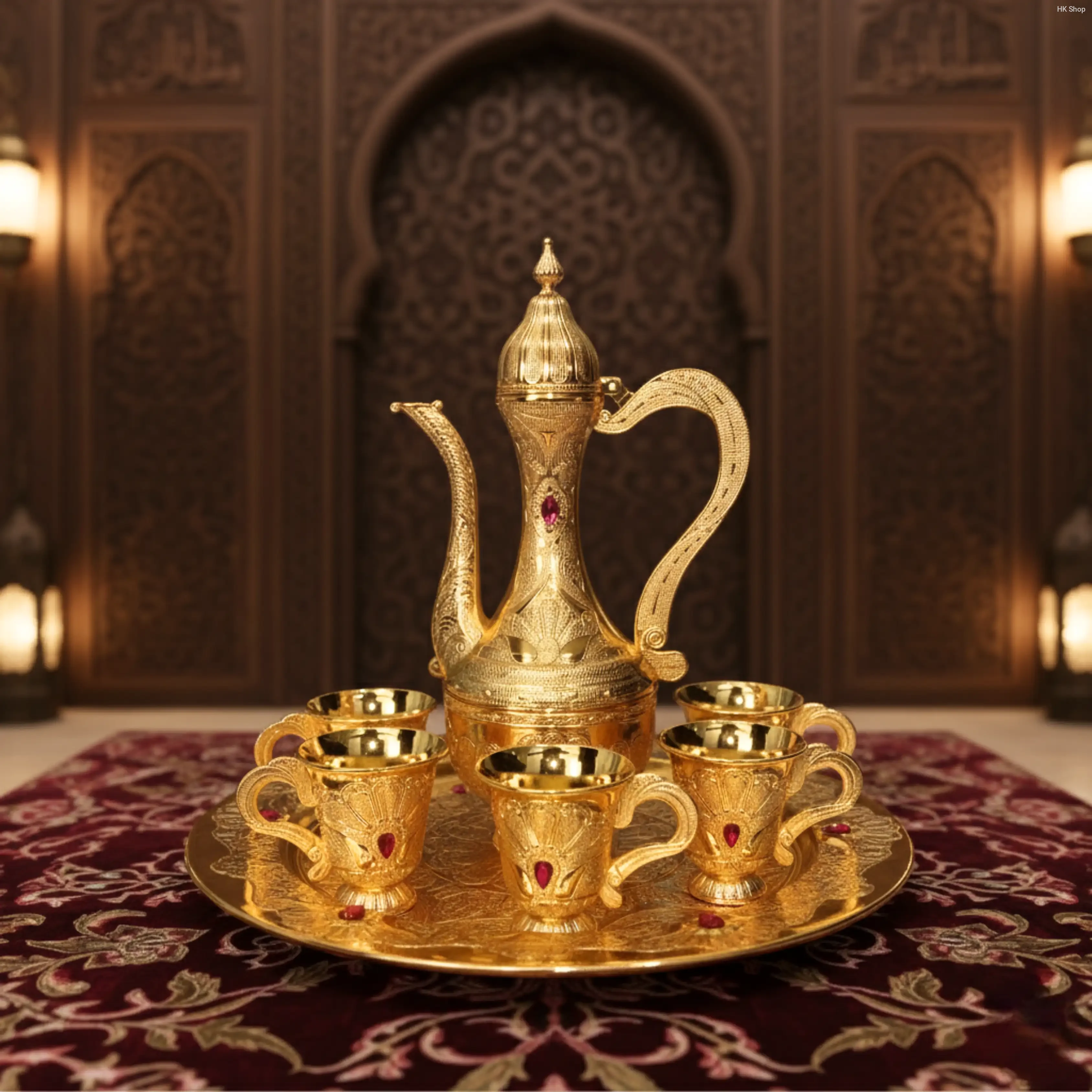 Gold Plated Arabic Tea Set - 7 Piece Decorative Turkish Tea Set with Tray and Gemstone Accents | Luxury Gift for Home, Wedding, Ramadan, Eid