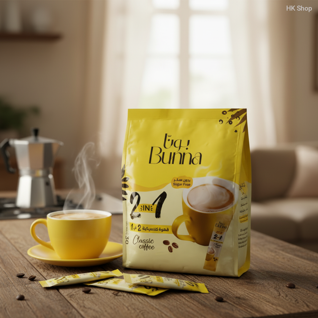 Bunna 2 in 1 Classic Instant Coffee, Sugar Free, 30 Sachets – Low Calorie, Creamy & Rich Saudi Made Coffee