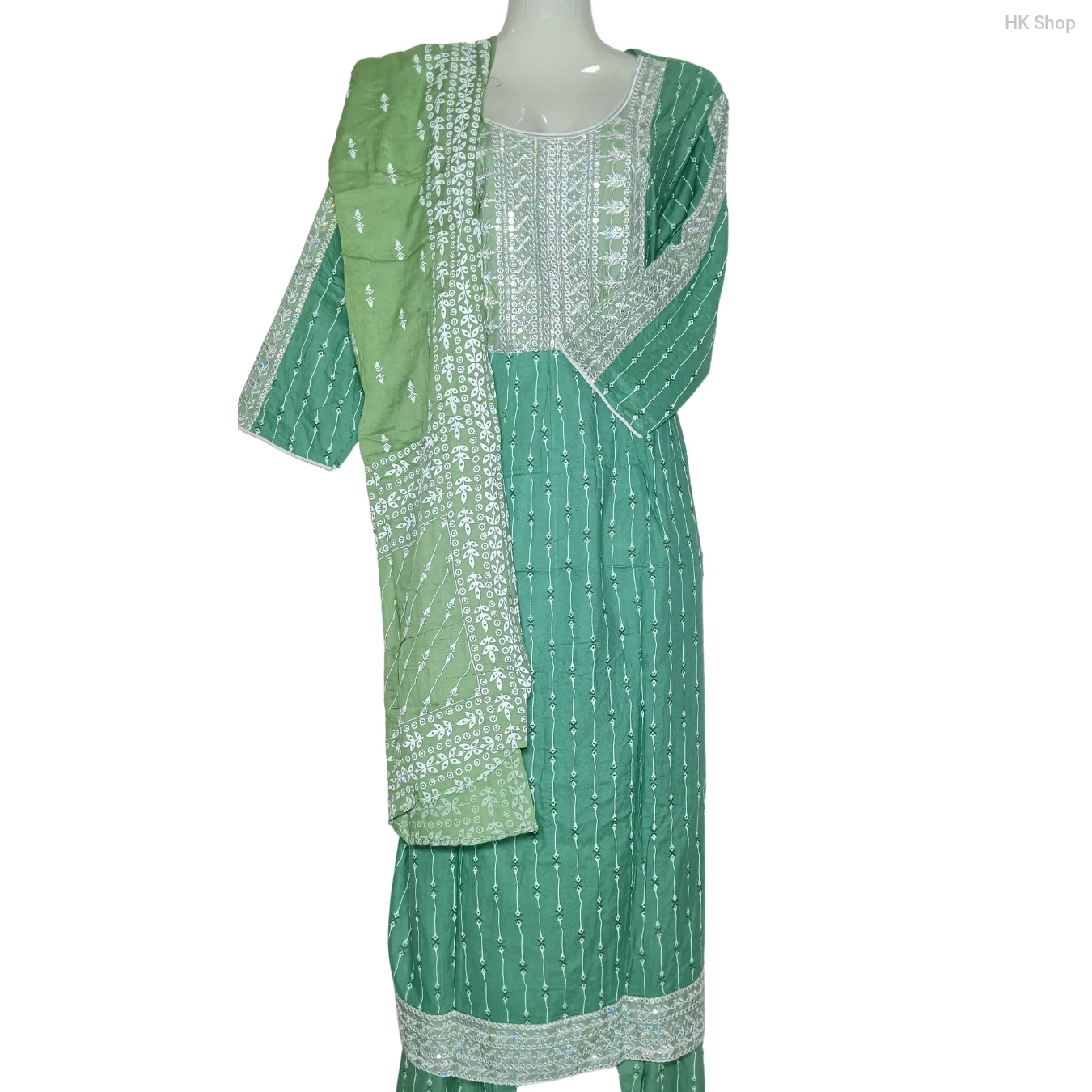 Women's Cotton Readymade 3-Piece Set – Elegant Green Embroidered Design